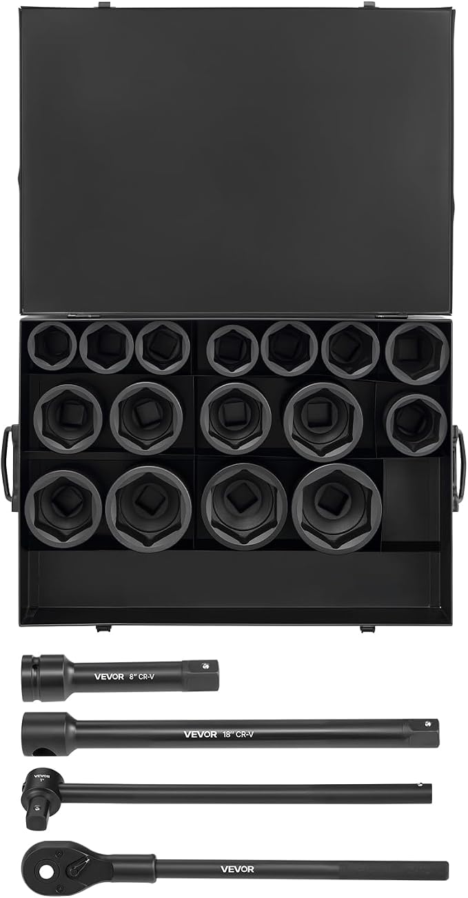 VEVOR 1 in Drive Impact Socket Set, 21 Piece, 6 Point Shallow Impact Sockets, SAE (1-5/8 in to 3-1/8 in), with 8 in & 18 in Extension Bars, 24 in Ratchet, Cr-V Steel, Size Marking, and Carrying Case