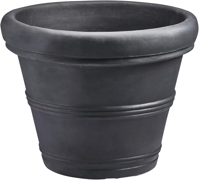 Crescent Garden Brunello Classic Rolled Rim Planter Pot, Indoor/Outdoor Weather-Safe Round Plant Pot, Premium Plastic Flowerpot for Houseplants, Herbs - 16''W (Black)