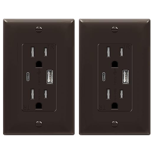 TOPGREENER 2-Port USB Outlet, Type C USB Wall Outlet, 15 Amp TR Receptacle Plug, Charging Power Outlet with USB Ports, Wall Plate Included, UL Listed, TU21536AC-BR-2PCS, Brown, 2 Pack