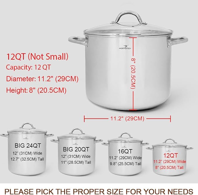 HOMICHEF 12 Quart LARGE Stock Pot with Glass Lid - NICKEL FREE Stainless Steel Healthy Cookware Stockpots with Lids 12 Quart - Mirror Polished Induction Pot - Commercial Grade Soup Cooking Pot