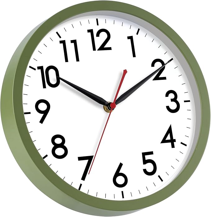 AKCISOT 10 Inch Wall Clock, Battery Operated Analog Clock, Silent Non-Ticking, Ideal for Bedroom, Bathroom, Kitchen, Office and School, Olive Green