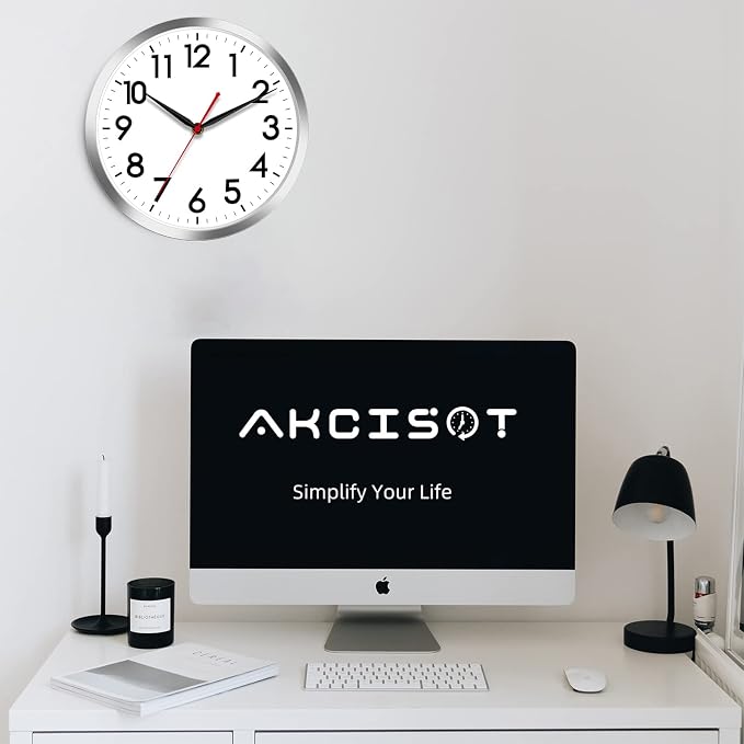 AKCISOT 12 Inch Wall Clock, Battery Operated Analog Clock, Silent Non-Ticking, Ideal for Bedroom, Bathroom, Kitchen, Office and School, Silver
