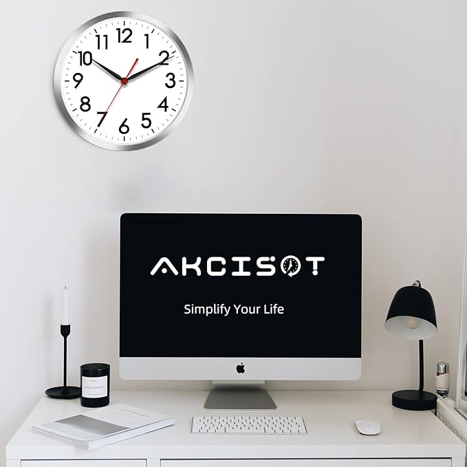 AKCISOT 10 Inch Wall Clock, Battery Operated Analog Clock, Silent Non-Ticking, Ideal for Bedroom, Bathroom, Kitchen, Office and School, Silver