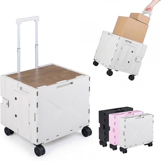 Goplus Foldable Utility Cart, Portable Rolling Crate Handcart with 4 Rotate Wheels, Telescoping Handle, Lid & Cup Holder for Travel, Shopping, Luggage, Grocery, Office & Teacher (White)
