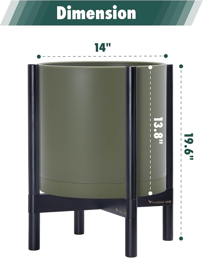 D'vine Dev Plastic Pot with Ebony Wood Stand, Olive, 14 in, 55-C-T-3 | Mid-Century Inspired Design, Elevated Plant Display, Clean Lines, Sturdy Support, Modern Space-Saving Style
