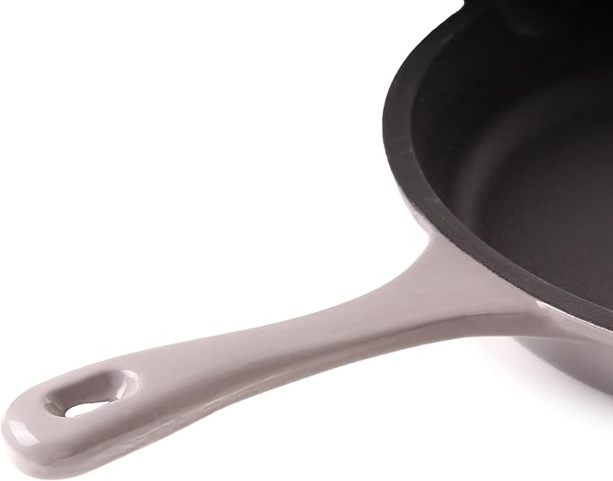 BergHOFF Neo 4Pc Enameled Cast Iron Cookware Set, Grill Pan 11 inches, Fry Pan 10 inches, 3qt. Dutch Oven, Matching Lid, Fast, Evenly Heat, Oven Safe (Oyster)