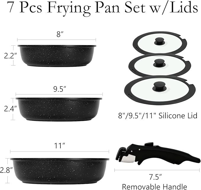 ESLITE LIFE Nonstick Ceramic Frying Pans Skillets Set with Lids & Detachable Handle, Non-Toxic Egg Omelette Kitchen Cooking Pans Compatible with All Stovetops, PTFE & PFOA Free, Black, 7-Piece