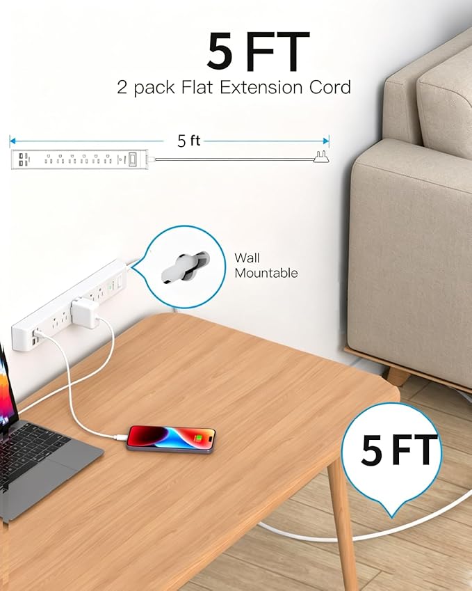 2 Pack Power Strip, 5FT Extension Cord, Surge Protector with 6 Outlets and 4 USB Ports (2 USB C), Flat Plug Overload Protection, Extension Cord with Multiple Outlets, Wall Mount for Home Dorm College