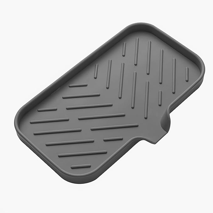 MicoYang Silicone Soap Dish with Drain Spout — Self-Draining Sink Organizer Tray for Bathroom & Kitchen, Sponges, Dispensers & Soap Holder, Non-Slip & Dishwasher Safe, Grey (Medium, 9.6"×5.3")