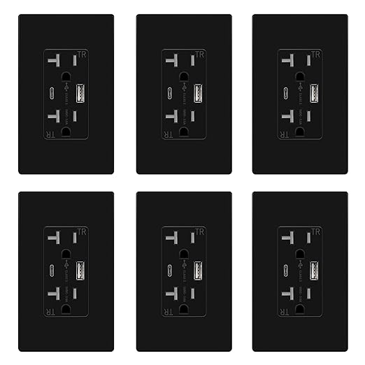 TOPGREENER 2-Port USB Outlet, Type C USB Wall Outlet, 20 Amp TR Receptacle Plug, Charging Power Outlet with USB Ports, Wall Plate Included, UL Listed, TU22036AC-BK-6PCS, Black, 6Pack