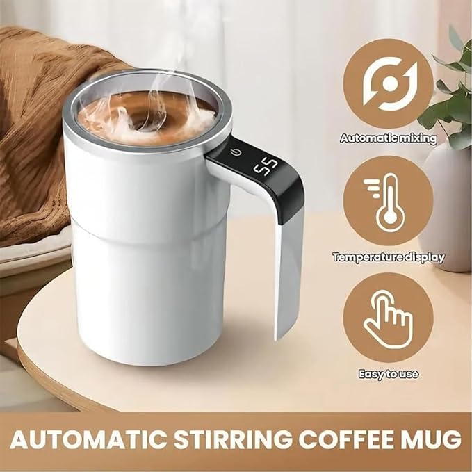 2026 Upgraded Electric Coffee Mug, 14oz Electric High Speed Self Stirring Insulated Coffee Mug with a Built-in LCD Thermometer & Lid, for Brewing Coffee, Milk, Cocoa and Other Beverages (White)