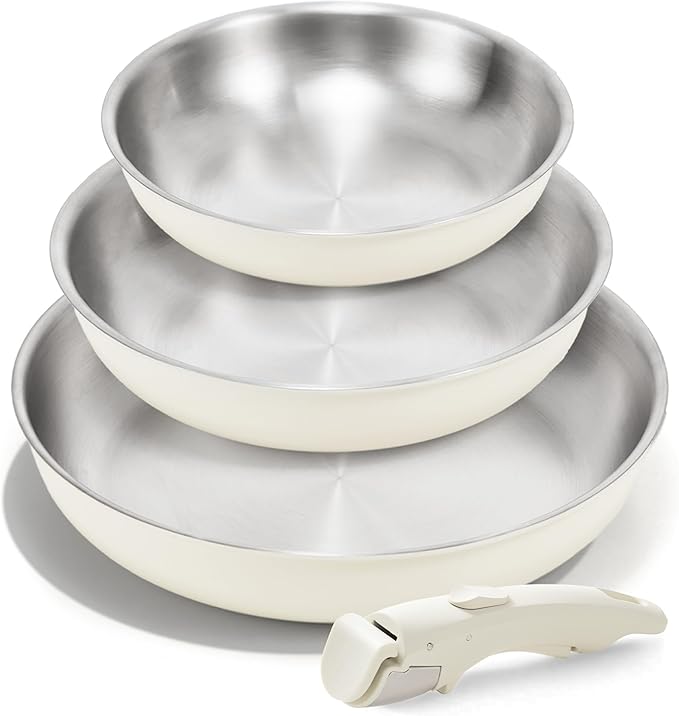 KITEXPERT Non Stick Stainless Steel Pan Set – 8", 10", 12" Tri-Ply Frying Pan Skillet with Removable Handles, PFOA-Free, Cream White Ceramic Exterior, Dishwasher safe, Compatible with All Stovetops
