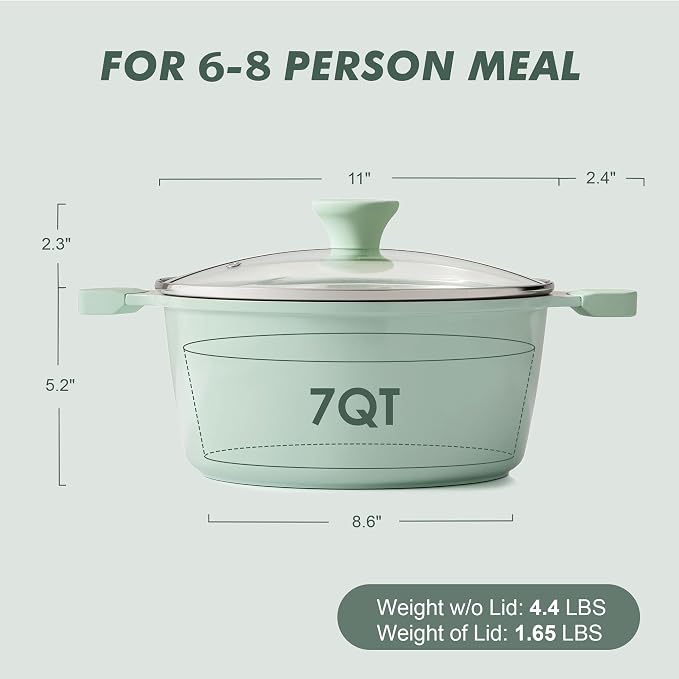 SENSARTE Ceramic Nonstick Stock Pot with Lid, 7 Quart, Green | Healthy Nontoxic Ceramic Coating, PFAS & PTFE Free, Compatible with All Stoves Including Induction Cooktops, Dishwasher safe.