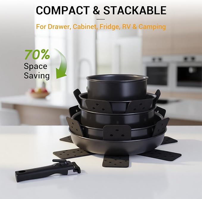 Ammeloo 18-Piece Ceramic Pots and Pans Set Non Stick, Non Toxic Cookware Set with Removable Handles, Pot Sets for Cooking, Induction Ready, Dishwasher & Oven Safe, PFAS PFOA & PTFE Free (Black)