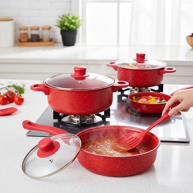 Nonstick Cookware Set, 13-piece Nonstick Cookware Set, Non Stick Pots and Pans with Frying Pan, Saucepans, Milk Pot & Utensils for Home Cooking, Red