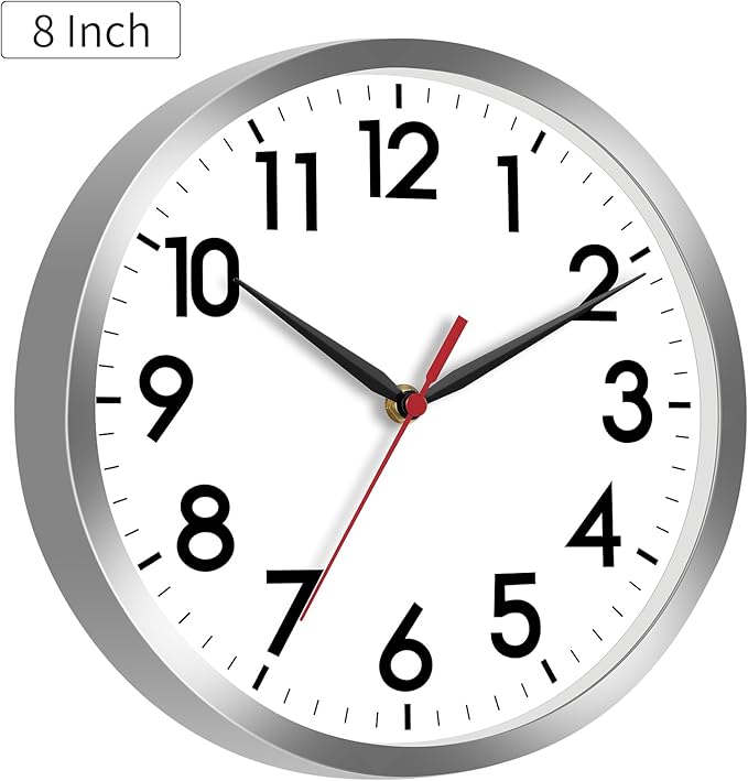 AKCISOT 8 Inch Wall Clock, Battery Operated Analog Clock, Silent Non-Ticking, Ideal for Bedroom, Bathroom, Kitchen, Office and School, Silver