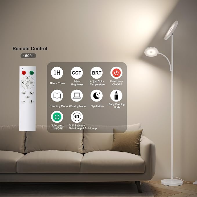 SUNMORY Floor Lamps for Living Room, 48W/4200LM Super Bright LED Floor Lamp with Remote Control, 69" Tall Standing Lamp with Stepless Dimmable, Modern Torchiere Reading Lamp for Bedroom, Office White