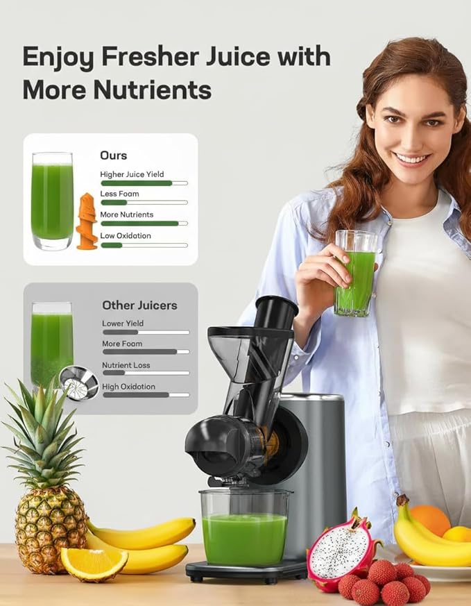 Marsail Slow Juicer, Cold Press Juicer Machines with Soft & Hard Modes, High Juice Yield Masticating juicer for Vegetables & Fruits with Reverse Function