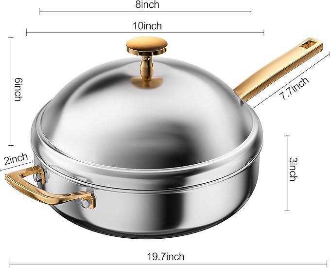 FogDream Titanium Non Stick Frying Pan, 10in Tri-Ply Stainless Steel Deep Saute Pan, All-in-One Cookware Set with Stainless Lid, Stay Cool Handle, Dishwasher & Oven-Safe,Induction Compatible,Gold
