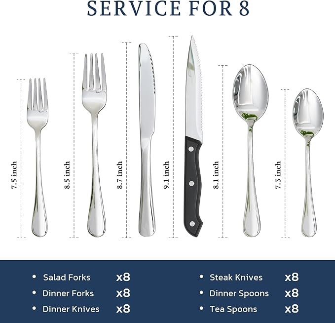 Astercook Silverware Set 48-Piece Flatware with Steak Knives Food-Grade Stainless Steel Cutlery for 8 Mirror Polished Utensils Set Include Spoons and Forks for Home Kitchen Restaurant