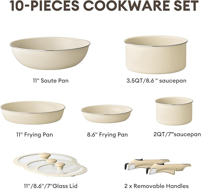 Pots and Pans Set Non Stick,10-Pcs Ceramic Cookware Set, Induction Kitchen Set with Removable Handle, RV Cookware Set with Detachable handle,Stackable Space Saving Pots Set, Oven/Fridge Safe
