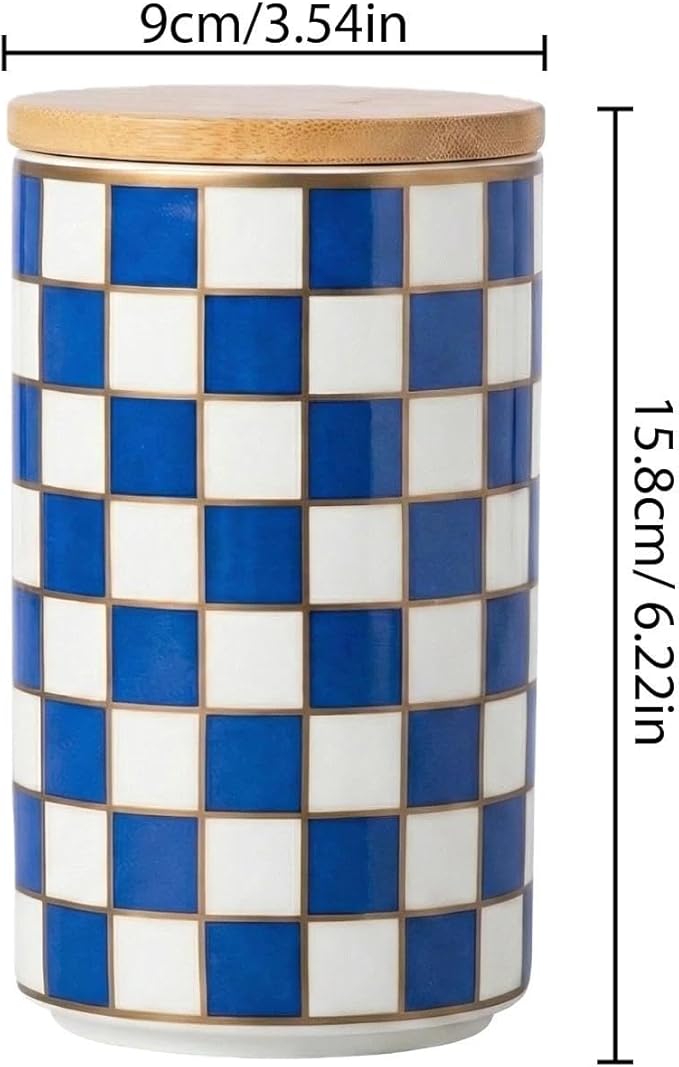 1 Piece Ceramic Coffee Canister, Airtight Coffee Container with Lid for Kitchen Storage (15.8x9cm, Blue Checkered)