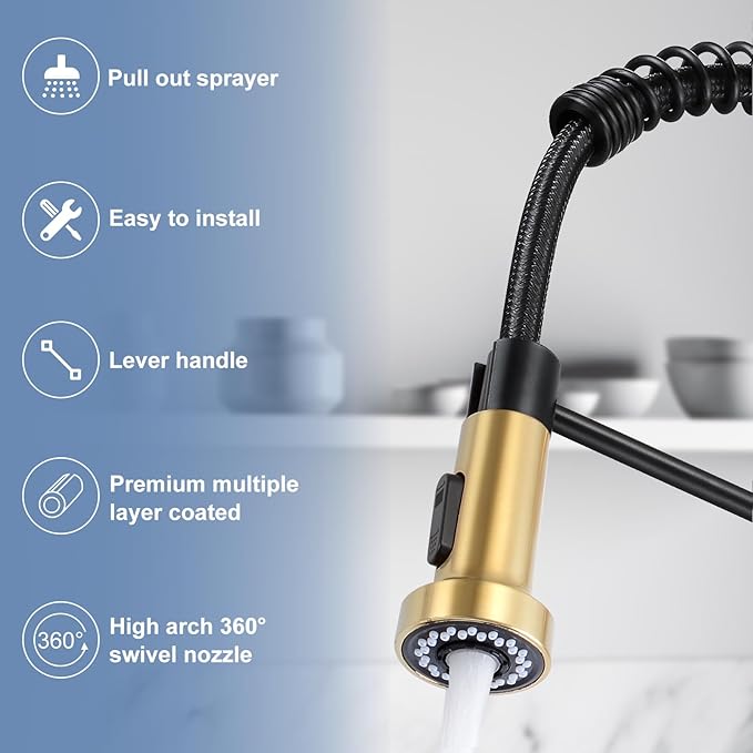 DJS Kitchen Faucets with Pull Down Sprayer Matte Black & Brushed Gold High Arc Single Handle 1 or 3 Holes Spring Kitchen Sink Faucet with Deck Plate for Farmhouse RV Vessel Basin
