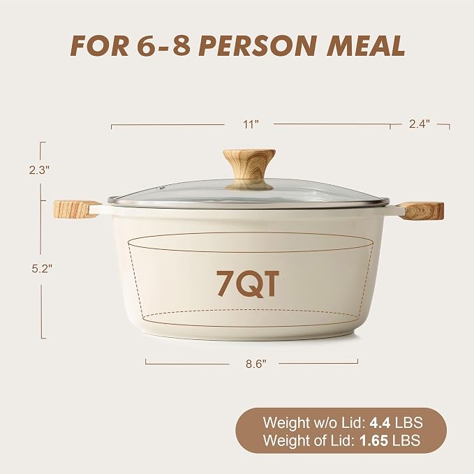 SENSARTE Ceramic Nonstick Stock Pot with Lid, 7 Quart, Creamy White | Healthy Nontoxic Ceramic Coating, PFAS & PTFE Free, Compatible with All Stoves Including Induction Cooktops, Dishwasher safe.