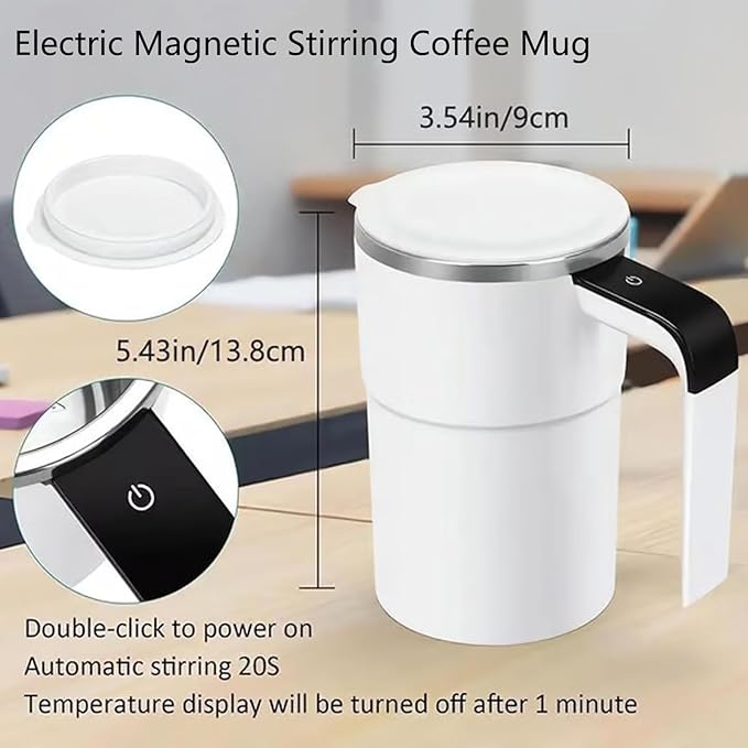 Intelligent Coffee Cup with Lid, 12oz Electric Magnetic Stirring Mug, Automatic Self Stirring Mug (White)