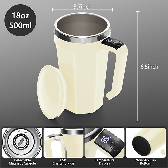 Self Stirring Coffee Mug with Temperature Display, 18 oz Rechargeable Self Stirring Mug with Lid, Automatic Self Stirring Cup with Stainless Steel for Coffee, Milk, Beverages, White