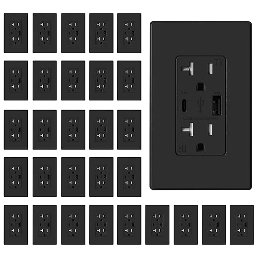 ELEGRP USB Charger Wall Outlet, USB A & C Ports, 20 Amp Duplex Tamper Resistant, NEMA 5-20R, Wall Plate Included, UL Listed, 30 Pack, Matte Black