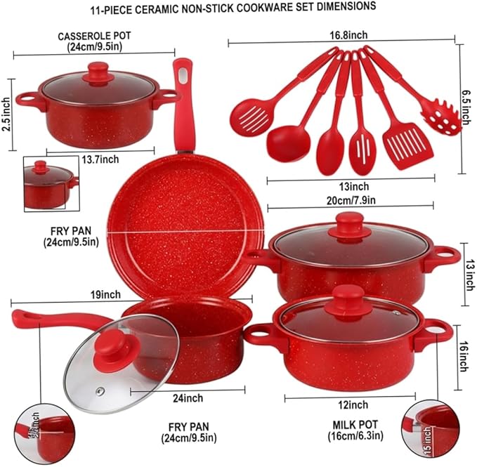 Nonstick Cookware Set, 13-piece Nonstick Cookware Set, Non Stick Pots and Pans with Frying Pan, Saucepans, Milk Pot & Utensils for Home Cooking, Red