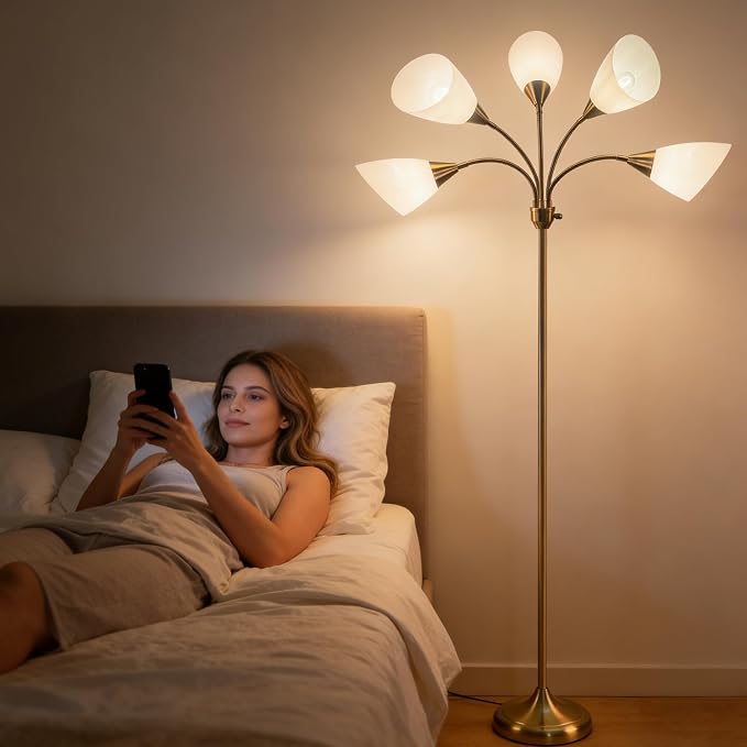 HonoDing Medusa Floor Lamps Standing Lamps 5 Heads Adjustable Reading Light Large Shade Use E26 A19 Bulb Floor Lamps for Living Room Bedroom (Gold Brass)