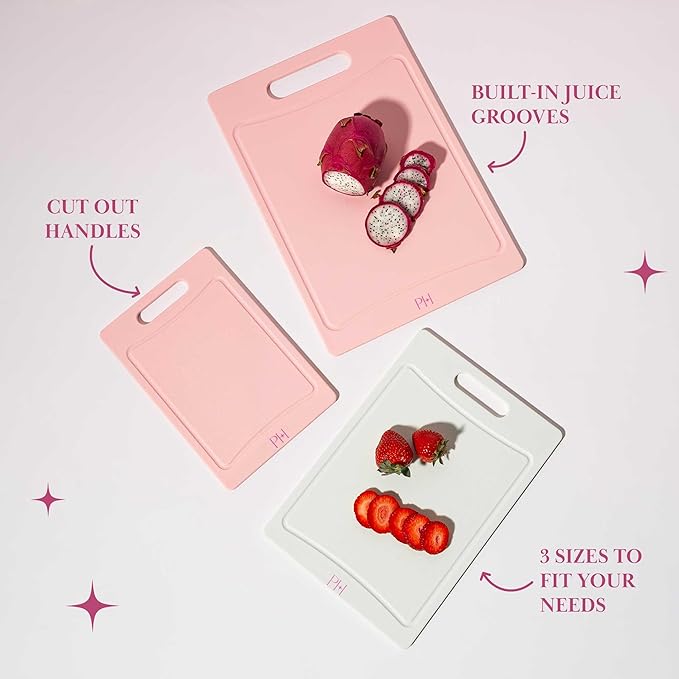 Paris Hilton Cutting Boards, Dual-Sided Cutting Board Set with Built-in Juice Grooves, Easy-Grip Handles, Heavy-Duty Plastic Made without BPA, Dishwasher Safe, 3-Piece Set, Pink and Cream