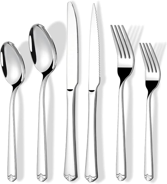 24 Piece Silverware Set for 4, Prendcyx Stainless Steel Flatware Set with Steak Knives, Food-Grade Tableware Cutlery Set Includes Forks Spoons Knives, Mirror Polished, Dishwasher Safe