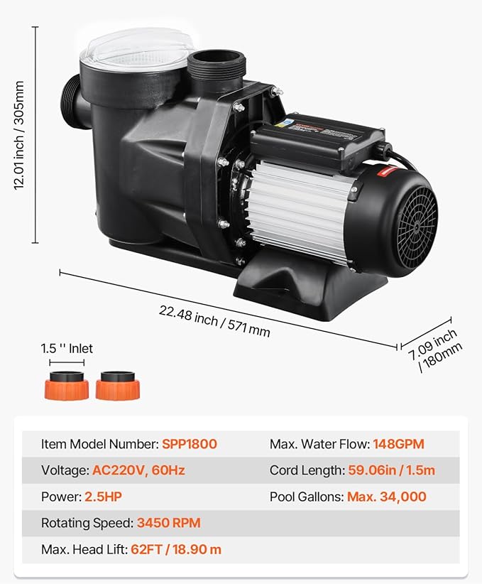 VEVOR 2.5HP High Flow Above Ground Pool Pump 148 GPM 220V