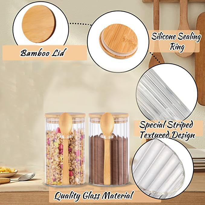 Steviieden 24 FL OZ Airtight Glass Jars with Bamboo Spoons Lids Overnight Oats Container Decorative Coffee Bar Food Storage Jar Cereal Nuts Salts Coffee Tea Flour Sugar Container Spice Jars (2Pack)