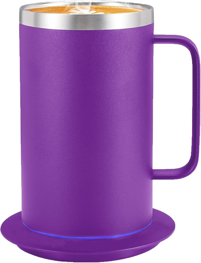 DEQIANG Self Heating Coffee Mug, Heated Coffee Mug with Smart Mug Warmer & Ergonomic Handle, Auto Heat to 131°F, USB-Powered Desk Warmer for Office Home Use, Ideal Coffee Lovers Gift (17oz Purple)
