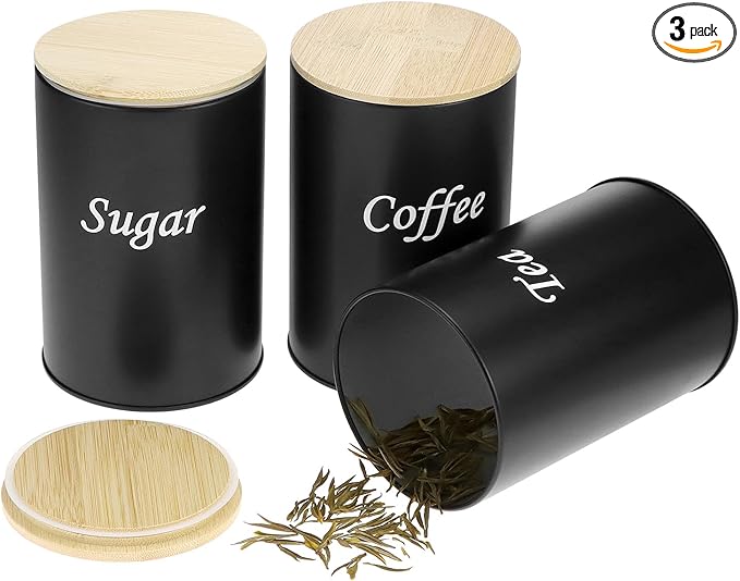 QWORK Metal Kitchen Canisters with Bamboo Lids, 3 Pack Airtight Food Storage Jars for Coffee Sugar Tea Flour Black Rustic Farmhouse Counter Decor, 3.74" x5.6"
