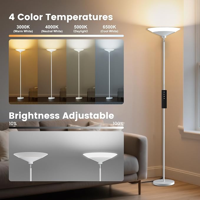 SIBRILLE Silver Torchiere Floor Lamp - 30W Dimmable LED Standing Lamp with Remote/Button Control, 1800Lm, 3000-6500K, 72in Bright Standing Pole Light for Living Room Bedroom Office Corner