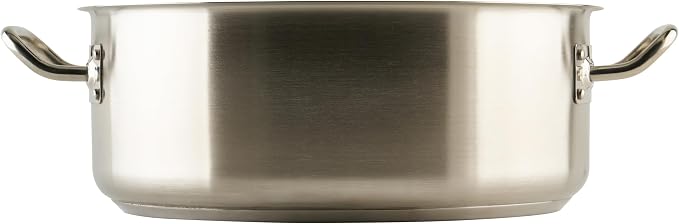 Winco 15 qt Stainless Steel Brazier Pan with Lid | Flat bottom, Wide base, Riveted handles, Induction safe, Great for Braising, Simmering, Batch Cooking and Restaurant Kitchens