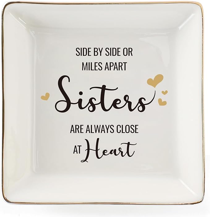 HOME SMILE Sister Gifts From Sister Ring Dish Tray, Valntine's Day Galentines' Gifts For Sister-Sister Will Always Be Connected By Heart Jewelry Dish Birthday Wedding Gifts For Sister