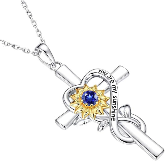 Iefil Mothers Day Gifts for Wife Mom - Sunflower Cross Necklace, 925 Sterling Silver Birthstone Necklace for Women Wife Mom