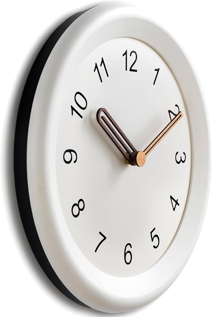 Mosewa 10 Inch White Wall Clock Silent Non-Ticking Quartz Battery Operated Analog Clock with Wood Hands, Easy to Read Minimalist Round Clock for Kitchen Living Room Bedroom Office