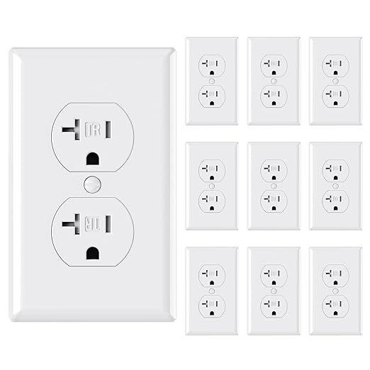 AIDA 20 Amps Outlets Duplex Electrical Receptacle Outlets,Tamper Resistant,Heavy-Duty Receptacle Wall Outlet,Residential,TR,3-Wire, Self-Grounding Clip, NEMA 5-20R,UL Listed (10 Pack, White)