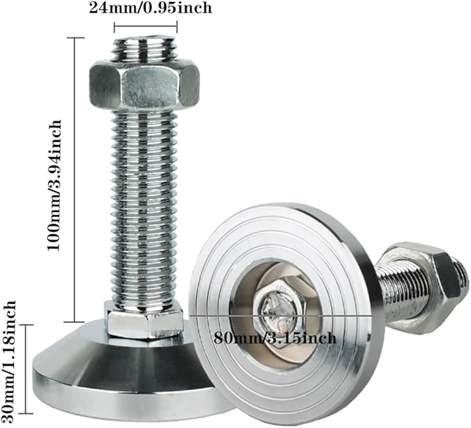 Heavy Duty Leveler Leg, Machine Leveling feet3.15 Dia. Base, Leg Leveler M24Thread, 6600 Lb Capacity,Capacity for Workbench, Machine, Cabinet (D80xM24x100,2 Pack,Silvery)