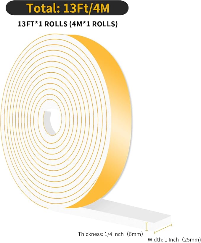Weather Stripping Door Seal Strip,Weather Stripping,High Density CR Door Seal Strip for Door Frame for Windows(White,1 in x 1/4 in x 13Ft x 6.5Ft)
