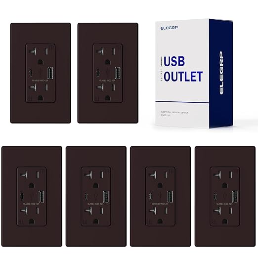 ELEGRP USB Charger NEMA 5-20R Wall Outlet, USB A & C Ports, Tamper Resistant, 20A, Matte Brown, UL Listed, 6 Pack