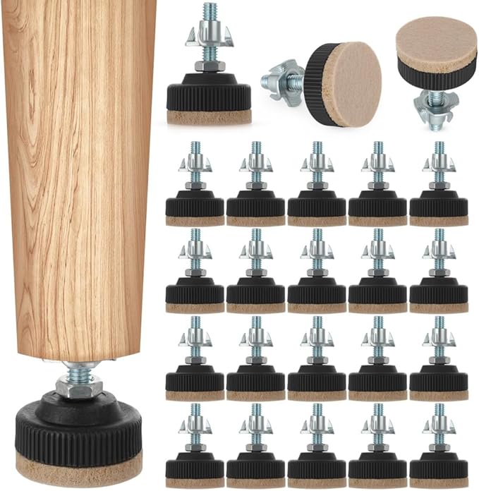 24-Pack Adjustable Furniture Levelers With Lock Nut, Felt Protectors, And Heavy-Duty Screw-In Legs For Tables, Chairs, Sofas
