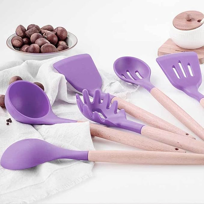 Kitchen Silicone Cookware Set, 12-piece Non-stick Cookware, Heat-resistant, BPA-free, Cooking Tools, Stirring Kitchen Tool Set (Purple)